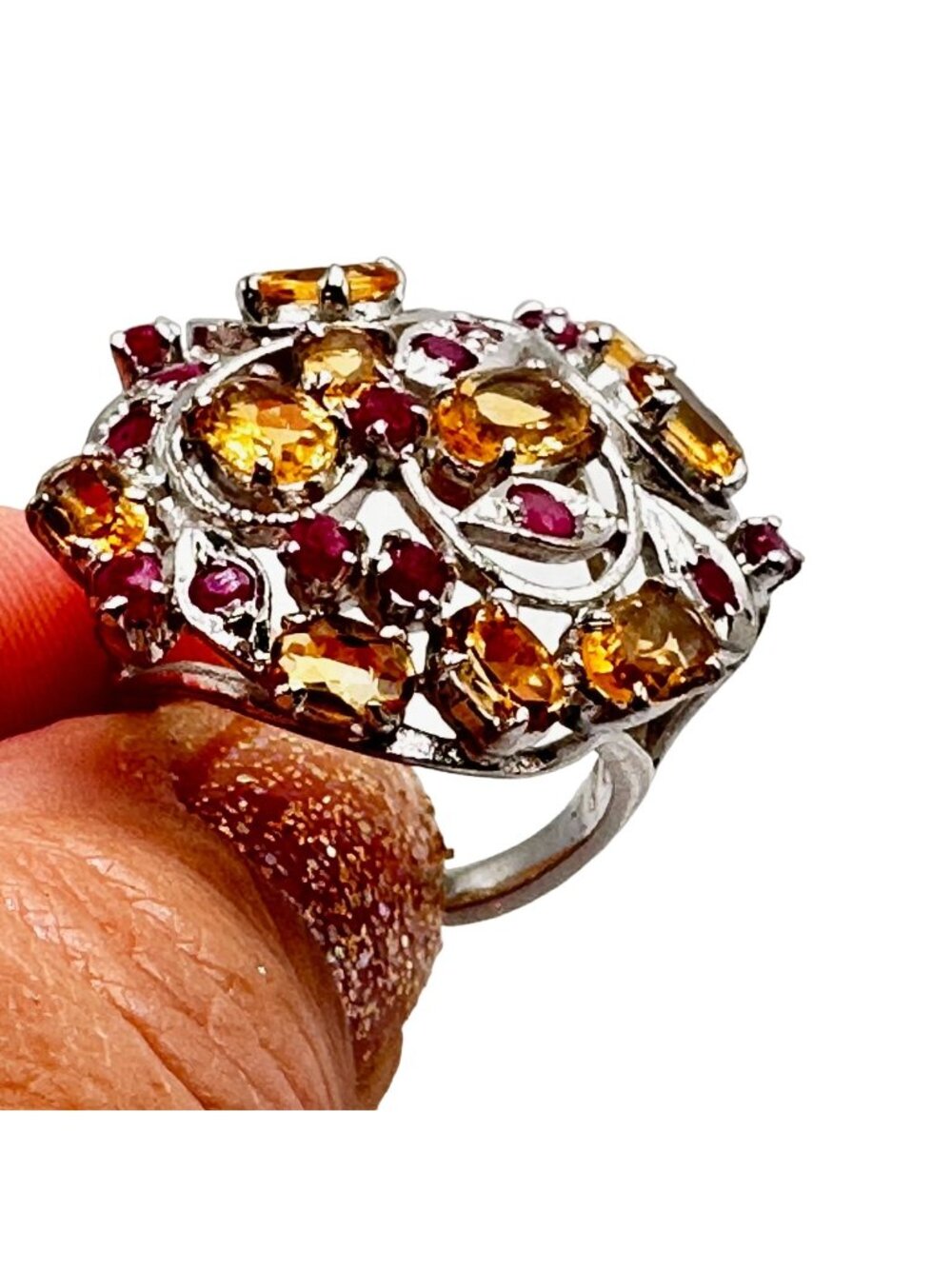 Yellow Citrine and Ruby Domed Sterling Silver Ring Size 7